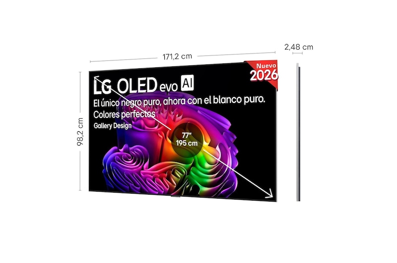 LG OLED evo AI G6 shown in front and side views highlights an 83-inch display with a 1847 mm-wide screen, 1057 mm screen height, 1115 mm height with stand, a 28 mm depth, and a stand footprint measuring 501 by 321 mm.
