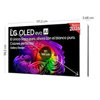 LG OLED evo AI G6 shown in front and side views highlights an 83-inch display with a 1847 mm-wide screen, 1057 mm screen height, 1115 mm height with stand, a 28 mm depth, and a stand footprint measuring 501 by 321 mm.