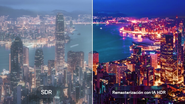 El televisor de fondo de pantalla LG OLED evo AI W6 con remasterización AI HDR se muestra en una comparación de paisajes urbanos compartidos, con SDR a la izquierda y remasterización AI HDR a la derecha, mostrando luces urbanas más brillantes, contraste más profundo y detalles más vivos en toda la escena.