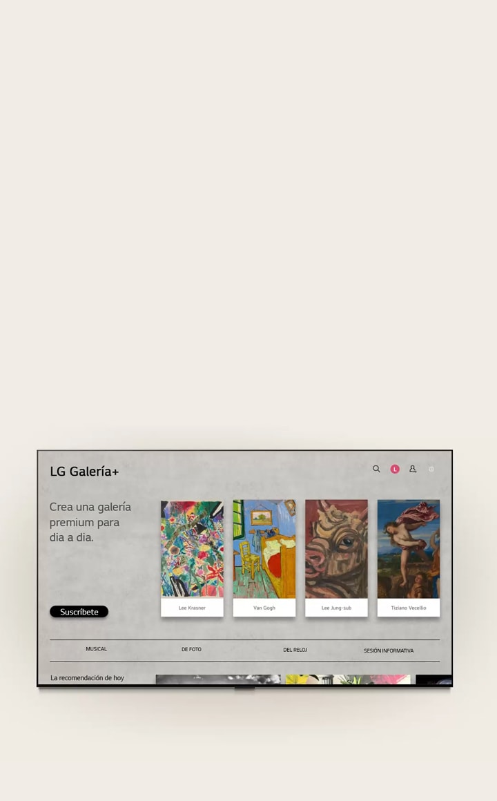 El televisor de fondo de pantalla LG OLED evo AI W6 muestra la interfaz gris LG Gallery+ con un menú de selección de música y temas, pasando de seleccionar preferencias a crear Mi Álbum y mostrar ilustraciones seleccionadas.