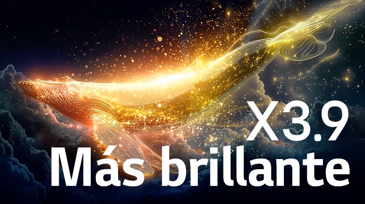 El televisor de fondo de pantalla LG OLED evo AI W6 con Brightness Booster Ultra muestra una escena oscura donde partículas brillantes rodean la silueta de una ballena, ofreciendo hasta 3,9 veces más brillo máximo con mayor luminosidad y mayor claridad.
