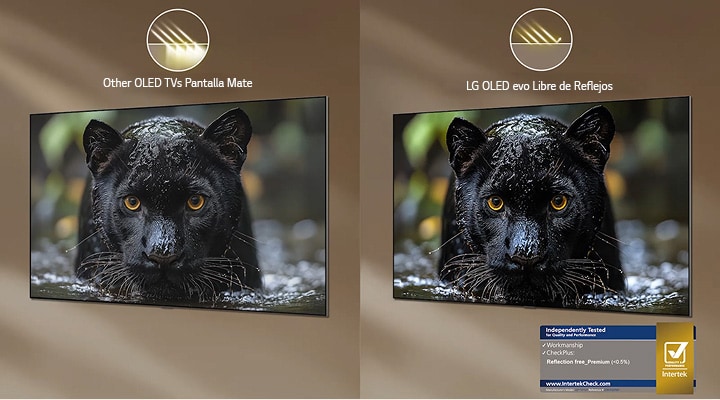 El televisor de fondo pantalla LG OLED evo AI W6 con Reflection Free Premium muestra una comparación cara a cara con una pantalla mate antirreflejos, manteniendo la imagen del jaguar negro clara con negros profundos y texturas finas, especialmente en entornos luminosos, mostrando la certificación Intertek.