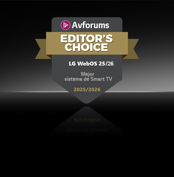 La insignia AVForums Editor's Choice aparece sobre un fondo oscuro para LG webOS 25, nombrada Mejor Sistema de Smart TV 2025/2026.