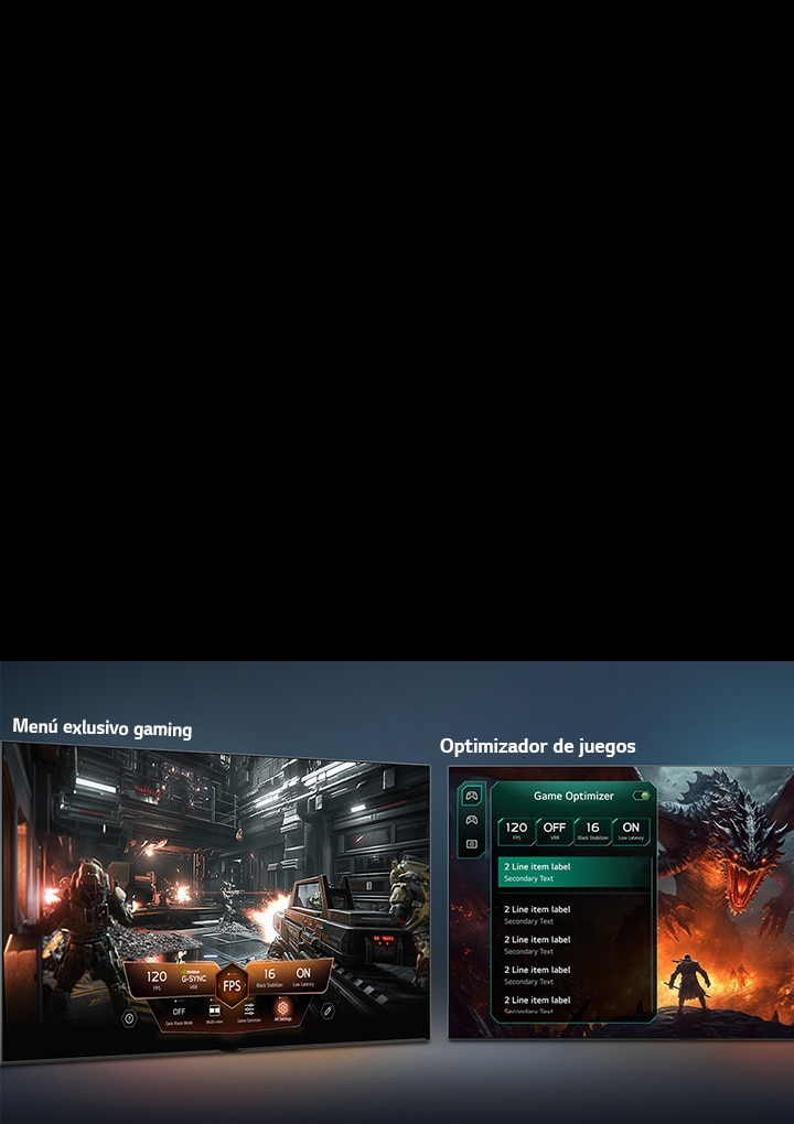 El televisor de fondo de pantalla LG OLED evo AI W6 con Panel de Juego y Optimizador muestra pantallas de juego lado a lado y un menú en pantalla para ajustar en tiempo real configuraciones de juego como la frecuencia de refresco, la latencia y los modos visuales.