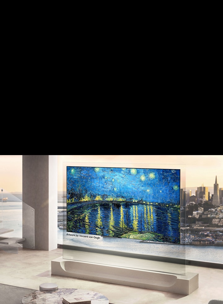 El televisor de fondo pantalla LG OLED evo AI W6 con contenido artístico diverso de LG Gallery+ muestra en pantalla La noche estrellada de Vincent van Gogh en un salón con ventanas de suelo a techo, realzando el interior con arte de estilo galería seleccionado.