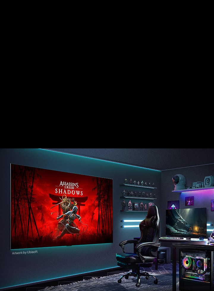 El televisor de fondo de pantalla LG OLED evo AI W6 con LG Gallery+ muestra el arte de arte "Assassin's Creed Shadows" de Ubisoft en una pantalla de pared en una sala de juegos oscura e inmersiva, presentada como parte del modo de exhibición artística del televisor.
