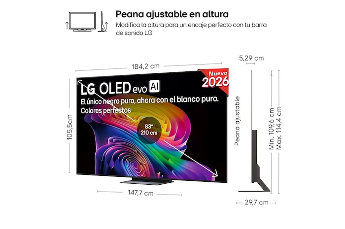 LG OLED evo AI C6 shown in front and side views highlights a 77-inch display with a 1711 mm-wide screen, an overall height of 982 mm, and an ultra-slim 47.1 mm depth without a stand.
