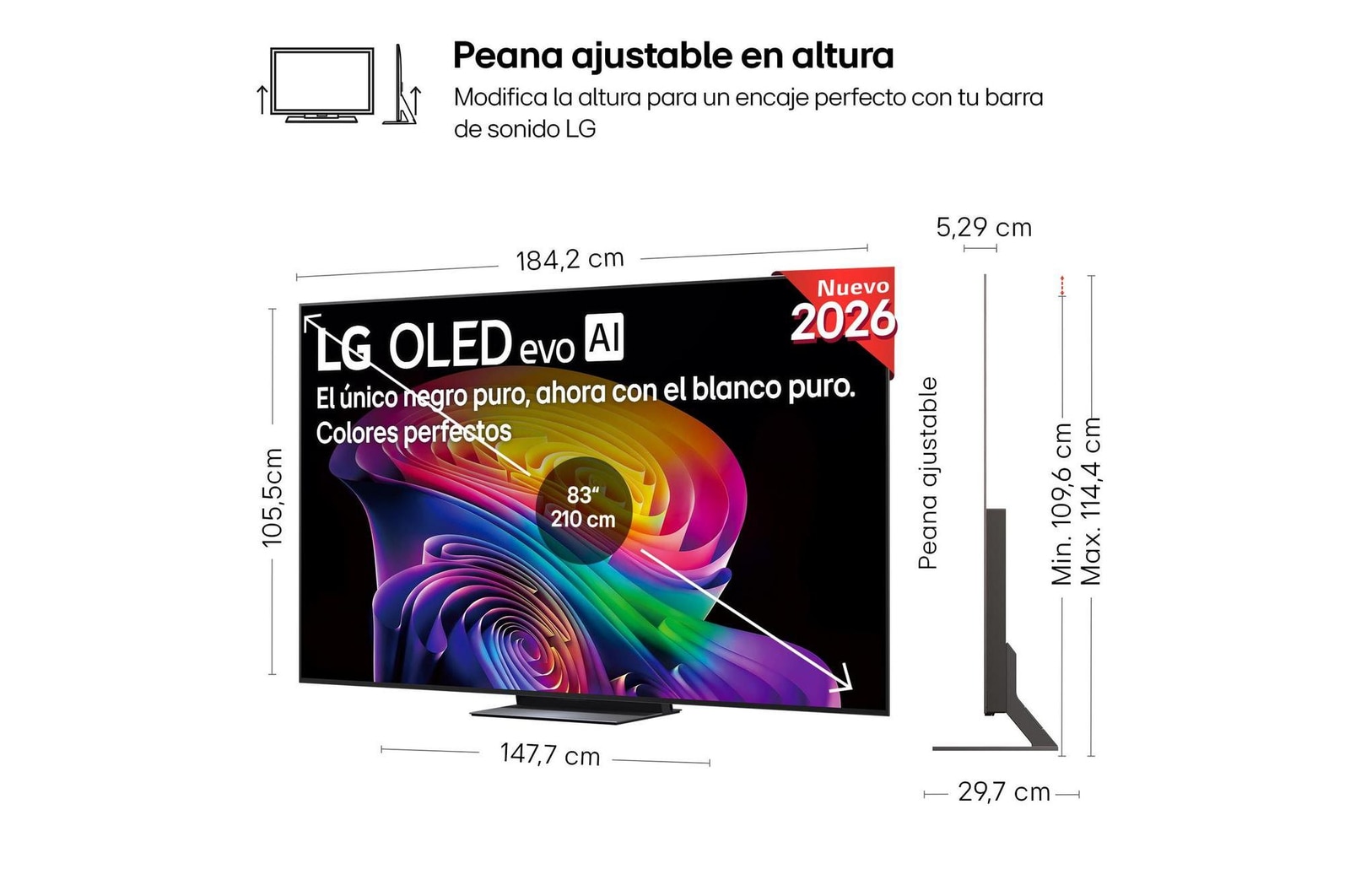 LG OLED evo AI C6 shown in front and side views highlights a 77-inch display with a 1711 mm-wide screen, an overall height of 982 mm, and an ultra-slim 47.1 mm depth without a stand.