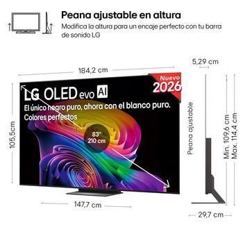 LG OLED evo AI C6 shown in front and side views highlights a 77-inch display with a 1711 mm-wide screen, an overall height of 982 mm, and an ultra-slim 47.1 mm depth without a stand.