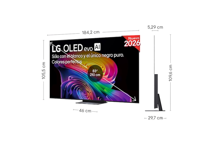 LG OLED evo AI C6 shown in front and side views highlights a 77-inch display with a 1711 mm-wide screen, an overall height of 982 mm, and an ultra-slim 47.1 mm depth without a stand.
