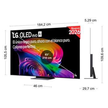 LG OLED evo AI C6 shown in front and side views highlights a 77-inch display with a 1711 mm-wide screen, an overall height of 982 mm, and an ultra-slim 47.1 mm depth without a stand.