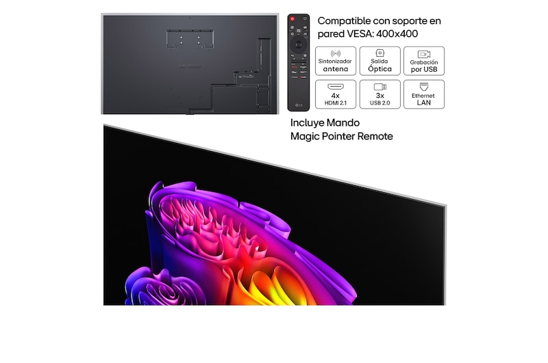 LG OLED evo AI G6 shown in front and side views highlights an 83-inch display with a 1847 mm-wide screen, 1057 mm screen height, 1115 mm height with stand, a 28 mm depth, and a stand footprint measuring 501 by 321 mm.