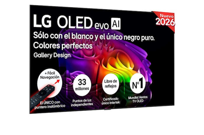 The front view of LG OLED evo AI G6, released in 2026, features a slim black bezel, with a vivid, sculptural image of richly layered, multicolored forms filling the screen.