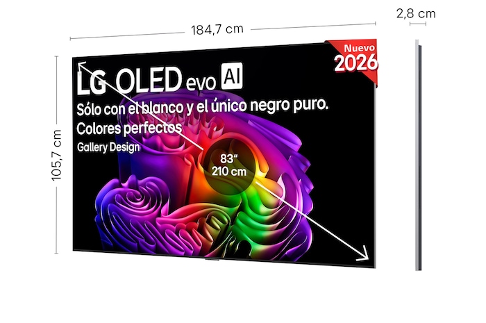 LG OLED evo AI G6 shown in front and side views highlights an 83-inch display with a 1847 mm-wide screen, 1057 mm screen height, 1115 mm height with stand, a 28 mm depth, and a stand footprint measuring 501 by 321 mm.