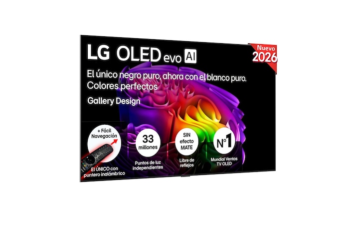 The front view of LG OLED evo AI G6, released in 2026, features a slim black bezel, with a vivid, sculptural image of richly layered, multicolored forms filling the screen.