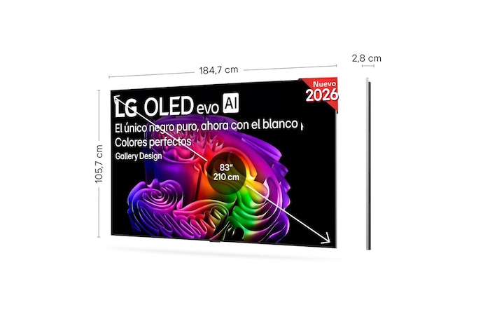 LG OLED evo AI G6 shown in front and side views highlights an 83-inch display with a 1847 mm-wide screen, 1057 mm screen height, 1115 mm height with stand, a 28 mm depth, and a stand footprint measuring 501 by 321 mm.