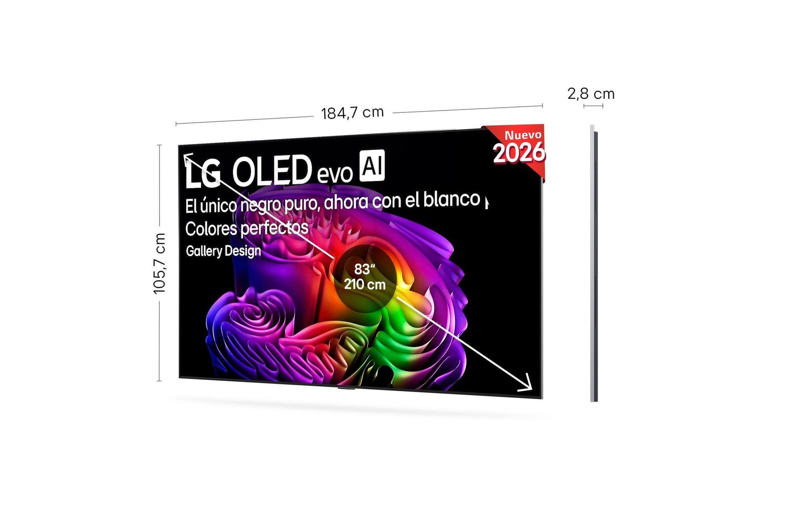 LG OLED evo AI G6 shown in front and side views highlights an 83-inch display with a 1847 mm-wide screen, 1057 mm screen height, 1115 mm height with stand, a 28 mm depth, and a stand footprint measuring 501 by 321 mm.