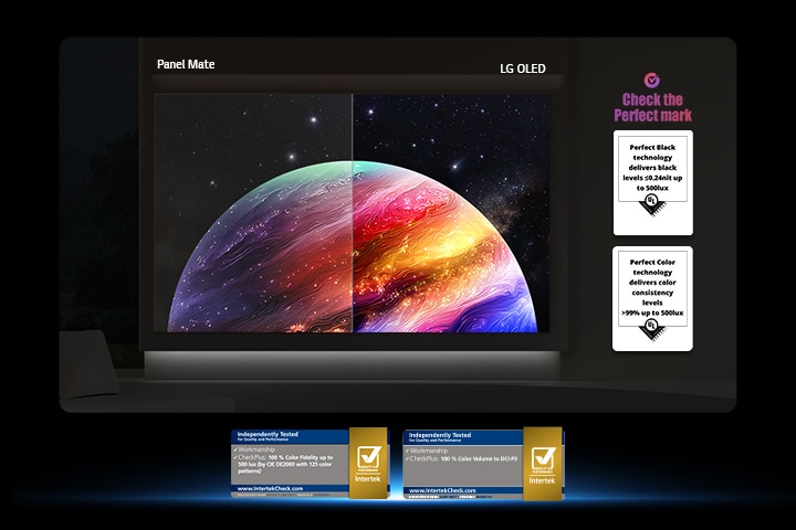LG OLED evo AI G6 shows a split-screen planet-and-stars scene, comparing Other OLED TVs Matte display with its Perfect Black & Perfect Color display for clearer picture quality in any light, supported by UL certification and Intertek certifications for color volume and color fidelity.