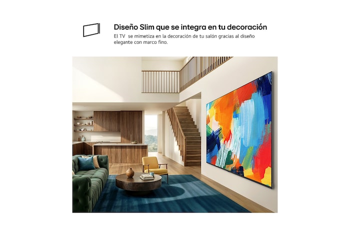 LG QNED evo AI QNED83 Mini LED with a Slim Design is wall-mounted in a bright, open living space, featuring a sleek profile that blends seamlessly into the interior while displaying a bold, colorful abstract artwork.