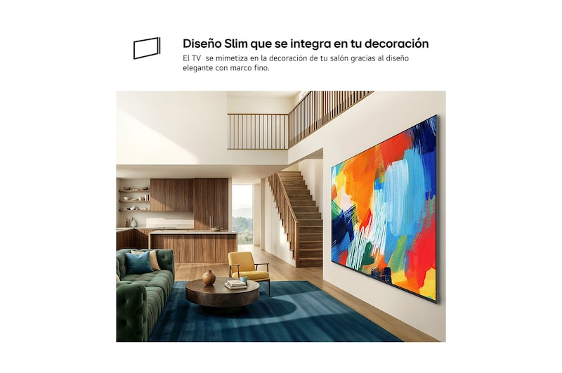 LG QNED evo AI QNED83 Mini LED with a Slim Design is wall-mounted in a bright, open living space, featuring a sleek profile that blends seamlessly into the interior while displaying a bold, colorful abstract artwork.