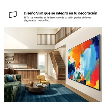 LG QNED evo AI QNED83 Mini LED with a Slim Design is wall-mounted in a bright, open living space, featuring a sleek profile that blends seamlessly into the interior while displaying a bold, colorful abstract artwork.