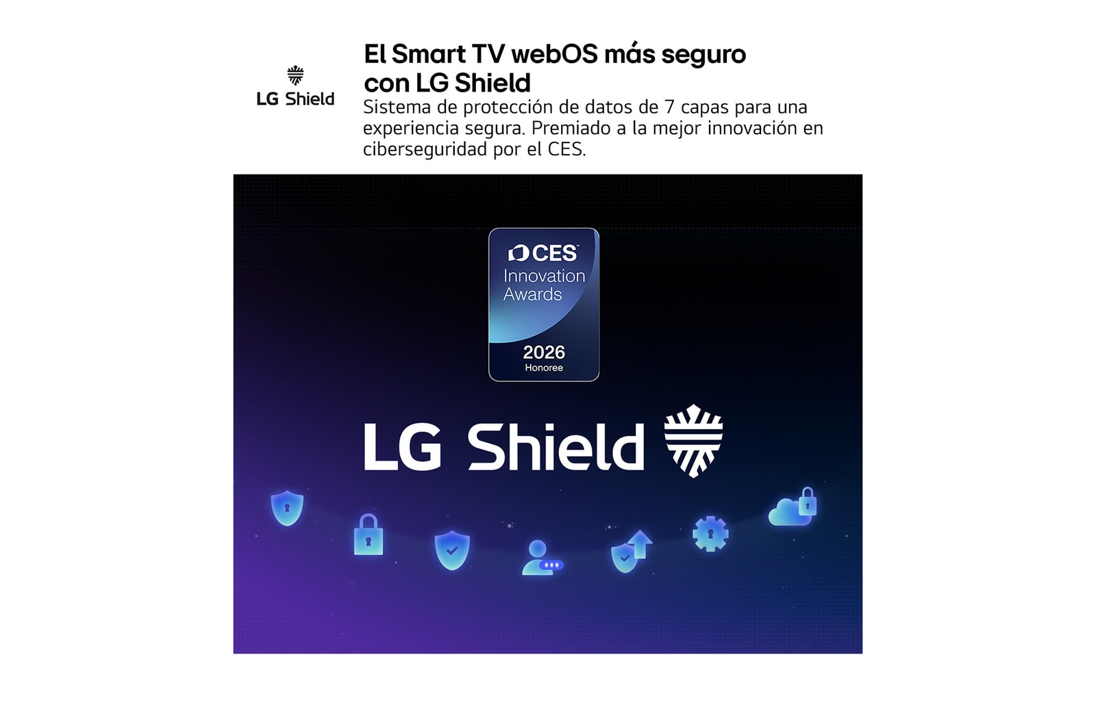 LG Shield, applied to LG QNED evo AI QNED82 Mini LED, is shown with an LG Shield logo at the center, security icons below, and a 2026 CES Innovation Awards Honoree badge above, representing data and system protection. 