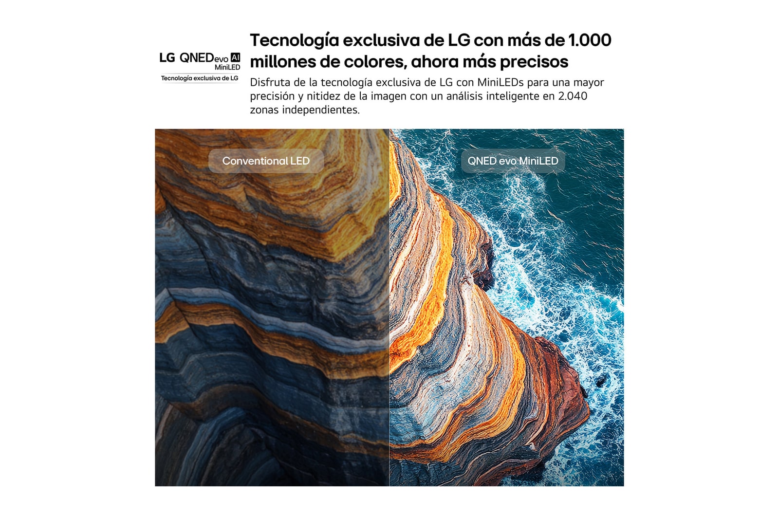 LG QNED evo AI QNED82 Mini LED highlights how its Mini LED reveals sharper rock textures and clearer ocean detail than conventional LED in a split coastal cliff scene, delivering deeper blacks and more refined contrast for greater clarity and depth.