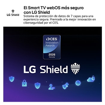 LG Shield, applied to LG QNED evo AI QNED83 Mini LED, is shown with an LG Shield logo at the center, security icons below, and a 2026 CES Innovation Awards Honoree badge above, representing data and system protection.
