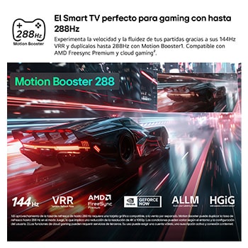 LG QNED evo AI QNED83 Mini LED for Ultimate Gameplay shows a vibrant, high-speed racing scene with a blurred comparison inset highlighting Motion Booster 288, while supporting 144Hz, VRR, AMD FreeSync, ALLM, HGiG, and GeForce NOW.
