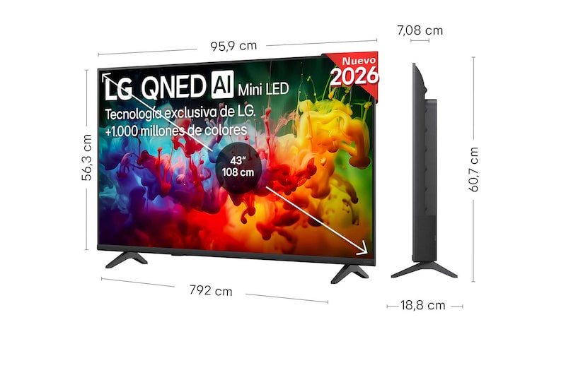 LG QNED AI QNED70 Mini LED shown in front and side views highlights a 43-inch display with a 959 mm-wide screen, 563 mm screen height, 618 mm height with stand, a 70.8 mm profile depth, and a stand footprint measuring 792 by 200 mm.