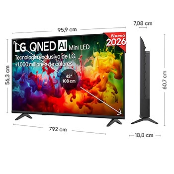 LG QNED AI QNED70 Mini LED shown in front and side views highlights a 43-inch display with a 959 mm-wide screen, 563 mm screen height, 618 mm height with stand, a 70.8 mm profile depth, and a stand footprint measuring 792 by 200 mm.