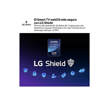 LG Shield, applied to LG QNED AI QNED70 Mini LED, is shown with an LG Shield logo at the center, security icons below, and a 2026 CES Innovation Awards Honoree badge above, representing data and system protection.