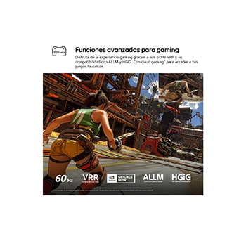 LG QNED AI QNED70 Mini LED for Ultimate Gameplay shows a fast-paced action game scene with a comparison inset highlighting smoother motion, while supporting up to 60Hz, VRR, ALLM, HGiG, and GeForce NOW.