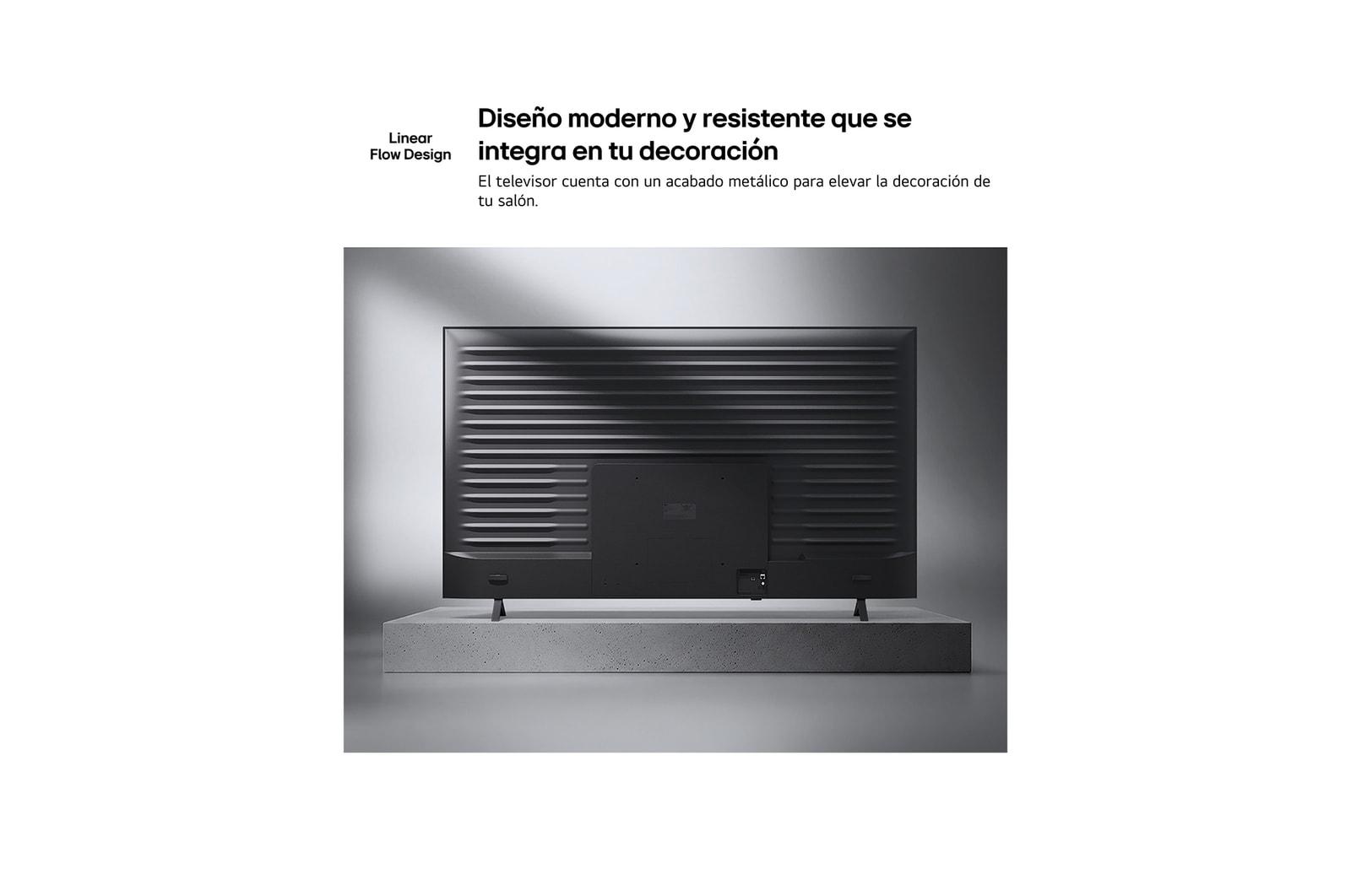 LG QNED AI QNED70 Mini LED is shown from the back, revealing a metallic rear panel with evenly spaced horizontal ridges that create a clean, structured look and emphasize the Linear Flow Design across the entire surface.