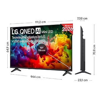 LG QNED AI QNED70 Mini LED shown in front and side views highlights a 43-inch display with a 959 mm-wide screen, 563 mm screen height, 618 mm height with stand, a 70.8 mm profile depth, and a stand footprint measuring 792 by 200 mm.