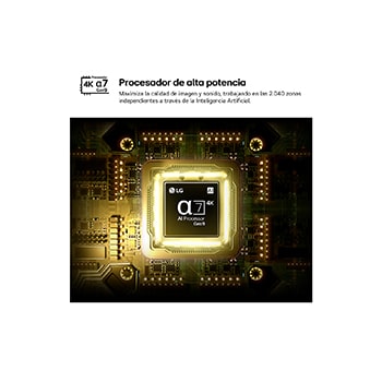 LG QNED AI QNED70 Mini LED’s alpha 7 AI Processor 4K Gen9 glows at the center of a yellow circuit board, highlighting smarter, more powerful AI processing that enhances 4K image clarity with improved contrast and depth.