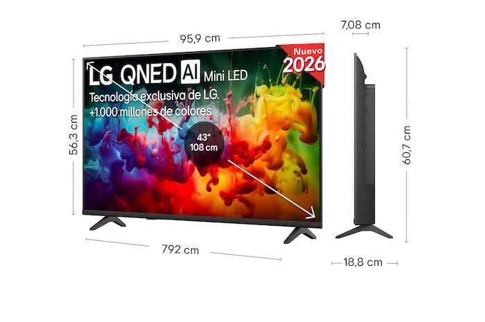 LG QNED AI QNED70 Mini LED shown in front and side views highlights a 43-inch display with a 959 mm-wide screen, 563 mm screen height, 618 mm height with stand, a 70.8 mm profile depth, and a stand footprint measuring 792 by 200 mm.