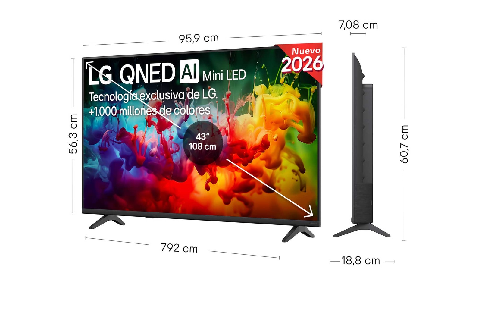 LG QNED AI QNED70 Mini LED shown in front and side views highlights a 43-inch display with a 959 mm-wide screen, 563 mm screen height, 618 mm height with stand, a 70.8 mm profile depth, and a stand footprint measuring 792 by 200 mm.