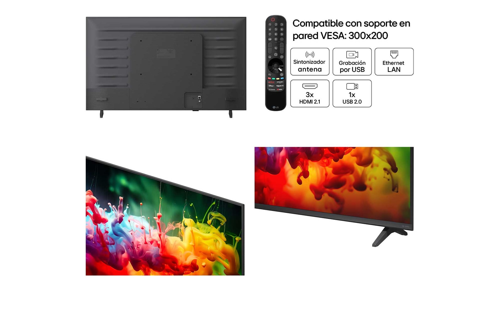 LG QNED AI QNED70 Mini LED with Dynamic QNED Color fills the screen with vivid, fluid bursts of multicolored, paint-like motion, showcasing enhanced color vibrancy certified for 100% Color Volume.
