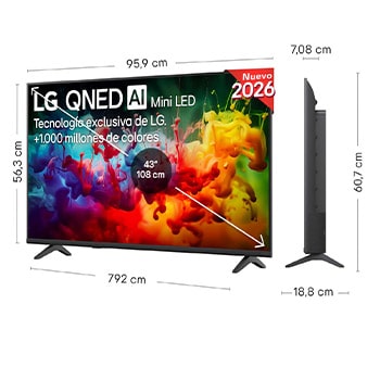 LG QNED AI QNED70 Mini LED shown in front and side views highlights a 43-inch display with a 959 mm-wide screen, 563 mm screen height, 618 mm height with stand, a 70.8 mm profile depth, and a stand footprint measuring 792 by 200 mm.