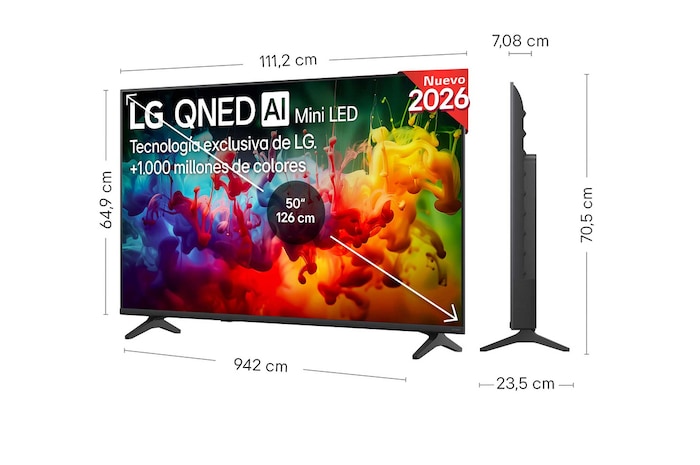 LG QNED AI QNED70 Mini LED shown in front and side views highlights a 50-inch display with a 1112 mm-wide screen, 649 mm screen height, 711 mm height with stand, a 70.8 mm profile depth, and a stand footprint measuring 902 by 230 mm.