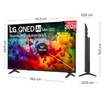 LG QNED AI QNED70 Mini LED shown in front and side views highlights a 50-inch display with a 1112 mm-wide screen, 649 mm screen height, 711 mm height with stand, a 70.8 mm profile depth, and a stand footprint measuring 902 by 230 mm.