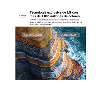 LG QNED AI QNED70 Mini LED highlights how its Mini LED reveals sharper rock textures and clearer ocean detail than conventional LED in a split coastal cliff scene, delivering deeper blacks and more refined contrast for greater clarity and depth.
