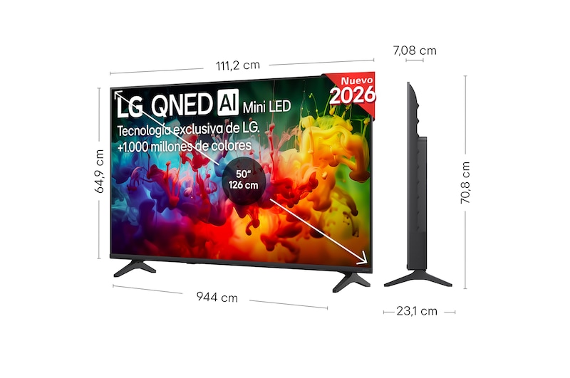 LG QNED AI QNED70 Mini LED shown in front and side views highlights a 50-inch display with a 1112 mm-wide screen, 649 mm screen height, 711 mm height with stand, a 70.8 mm profile depth, and a stand footprint measuring 902 by 230 mm.