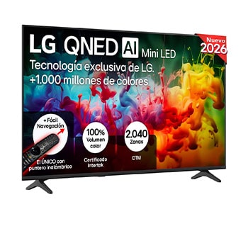 The front view of LG QNED AI QNED70 Mini LED, released in 2026, fills the screen with vivid, fluid splashes of multicolored motion, as finely layered colors disperse smoothly across the display.