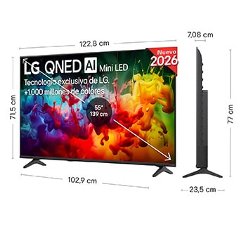 LG QNED AI QNED70 Mini LED shown in front and side views highlights a 50-inch display with a 1112 mm-wide screen, 649 mm screen height, 711 mm height with stand, a 70.8 mm profile depth, and a stand footprint measuring 902 by 230 mm.