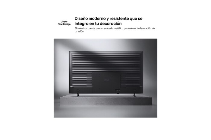 LG QNED AI QNED70 Mini LED is shown from the back, revealing a metallic rear panel with evenly spaced horizontal ridges that create a clean, structured look and emphasize the Linear Flow Design across the entire surface.