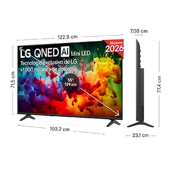 LG QNED AI QNED70 Mini LED shown in front and side views highlights a 43-inch display with a 959 mm-wide screen, 563 mm screen height, 618 mm height with stand, a 70.8 mm profile depth, and a stand footprint measuring 792 by 200 mm.