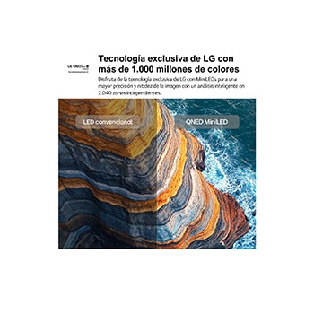 LG QNED AI QNED70 Mini LED highlights how its Mini LED reveals sharper rock textures and clearer ocean detail than conventional LED in a split coastal cliff scene, delivering deeper blacks and more refined contrast for greater clarity and depth.