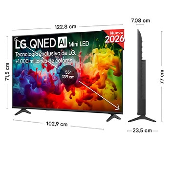 LG QNED AI QNED70 Mini LED shown in front and side views highlights a 43-inch display with a 959 mm-wide screen, 563 mm screen height, 618 mm height with stand, a 70.8 mm profile depth, and a stand footprint measuringLG QNED AI QNED70 Mini LED shown in front and side views highlights a 55-inch display with a 1228 mm-wide screen, 715 mm screen height, 776 mm height with stand, a 70.8 mm profile depth, and a stand footprint measuring 989 by 230 mm. 792 by 200 mm.